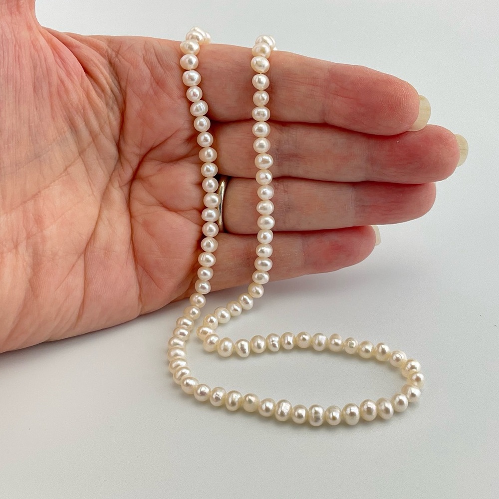 White Pearl Necklace, Oval Fresh Water Pearls, 16 3/4” Long, June Birthstone - Picture 8 of 11